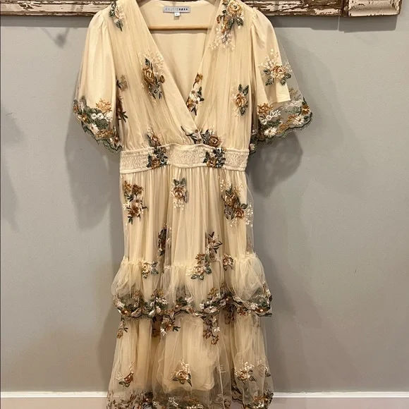 Baltic Born Cynthia Cream Embroidered Tulle Tier Midi Dress Size Large - Picture 3 of 11